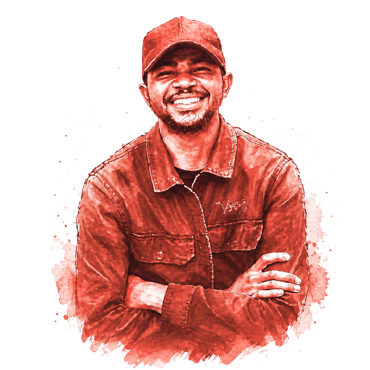 Watercolor portrait of Samuel Mbabhazi, smiling in his cap with his arms crossed